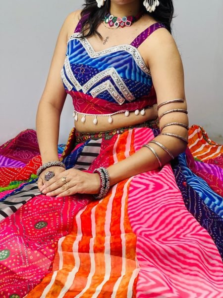 Multicolor Faux Georgette Navratri Lehenga Choli with Mirror Work and Gamthi Batwa Navratri Lehnega Choli