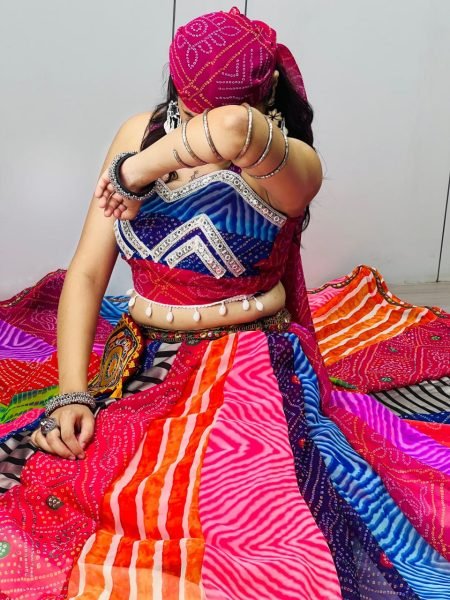 Multicolor Faux Georgette Navratri Lehenga Choli with Mirror Work and Gamthi Batwa Navratri Lehnega Choli