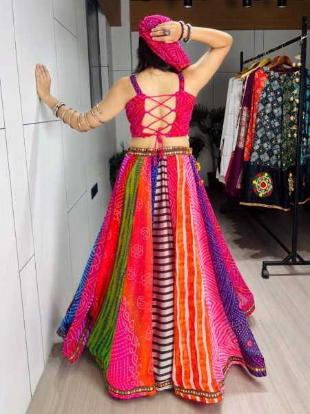 Multicolor Faux Georgette Navratri Lehenga Choli with Mirror Work and Gamthi Batwa Navratri Lehnega Choli