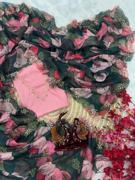Multicolor floral tebby silk saree with katdana pearl handwork festive party drape Silk Sarees Wholesale
