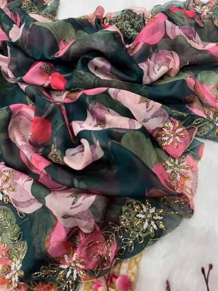 Multicolor floral tebby silk saree with katdana pearl handwork festive party drape Silk Sarees Wholesale