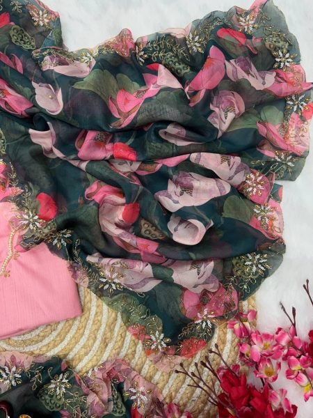 Multicolor floral tebby silk saree with katdana pearl handwork festive party drape Silk Sarees Wholesale