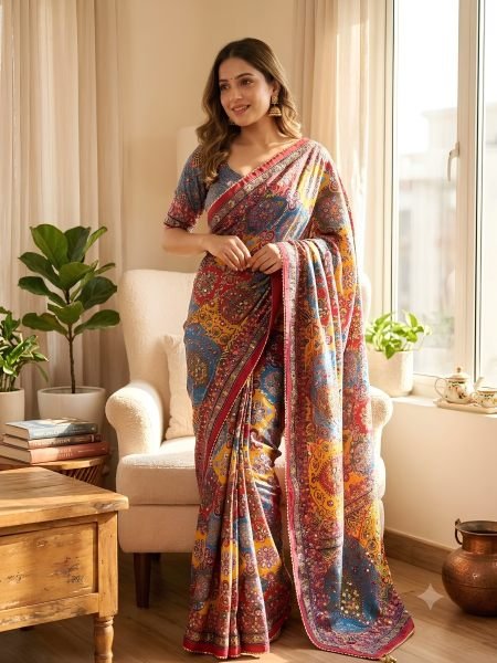Multicolor Heavy Fendy Silk Embroidered Saree with Front and Back Blouse Work at Wholesale Rate 