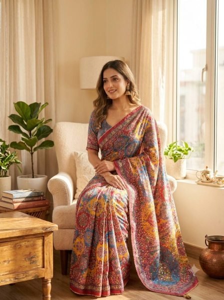 Multicolor Heavy Fendy Silk Embroidered Saree with Front and Back Blouse Work at Wholesale Rate Designer Wedding Sarees Wholesale