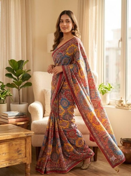 Multicolor Heavy Fendy Silk Embroidered Saree with Front and Back Blouse Work at Wholesale Rate Designer Wedding Sarees Wholesale