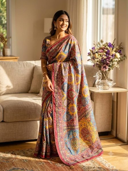 Multicolor Heavy Fendy Silk Embroidered Saree with Front and Back Blouse Work at Wholesale Rate Designer Wedding Sarees Wholesale