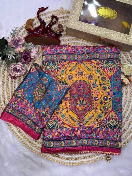 Multicolor Heavy Fendy Silk Embroidered Saree with Front and Back Blouse Work at Wholesale Rate Designer Wedding Sarees Wholesale