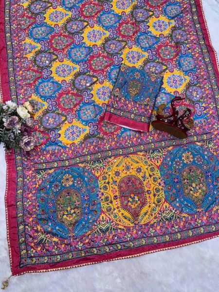 Multicolor Heavy Fendy Silk Embroidered Saree with Front and Back Blouse Work at Wholesale Rate Designer Wedding Sarees Wholesale