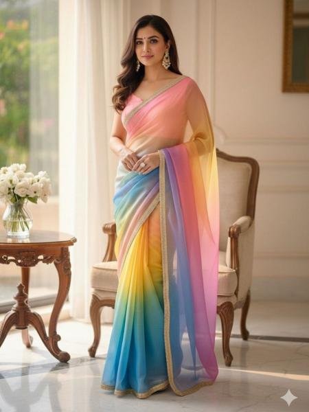 Multicolor Organza Digital Print Saree with Heavy Embroidered Mono Silk Readymade Blouse Sarees 