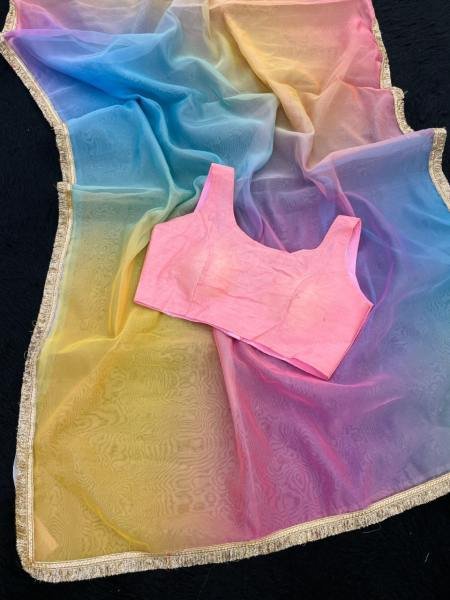 Multicolor Organza Digital Print Saree with Heavy Embroidered Mono Silk Readymade Blouse Organza Sarees Wholesale