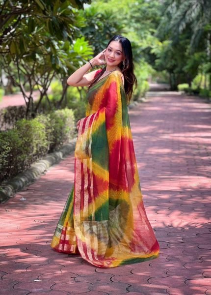 Multicolor Organza Kerala Checks Saree with Batik Print and Jacquard Border Organza Sarees Wholesale
