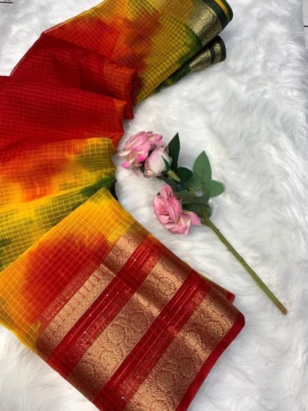 Multicolor Organza Kerala Checks Saree with Batik Print and Jacquard Border Organza Sarees Wholesale