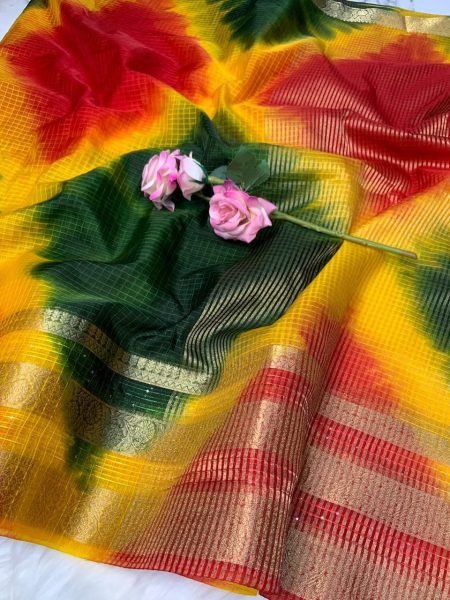 Multicolor Organza Kerala Checks Saree with Batik Print and Jacquard Border Organza Sarees Wholesale