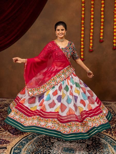 Multicolor Printed Faux Georgette Lehenga Choli with Real Mirror Work Blouse at Wholesale 