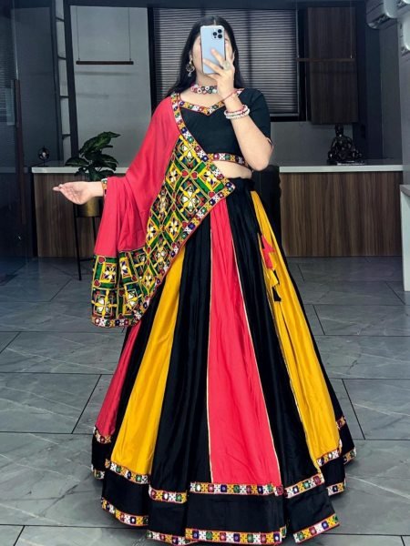 Multicolor Rayon Navratri Lehenga Choli with Gamthi and Mirror Work  Lehenga