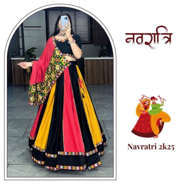Multicolor Rayon Navratri Lehenga Choli with Gamthi and Mirror Work Navratri Lehnega Choli