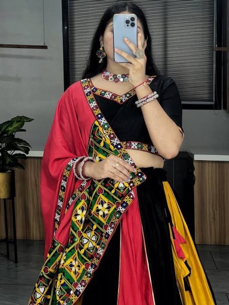 Multicolor Rayon Navratri Lehenga Choli with Gamthi and Mirror Work Navratri Lehnega Choli