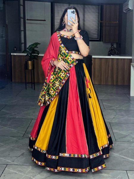 Multicolor Rayon Navratri Lehenga Choli with Gamthi and Mirror Work Navratri Lehnega Choli