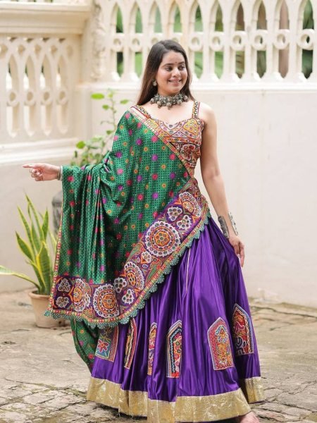 Muslin Mirror Work Lehenga Choli With Embroidered Blouse Garba Festival Wear  Lehenga