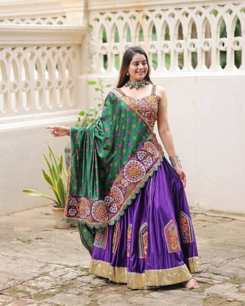 Muslin Mirror Work Lehenga Choli With Embroidered Blouse Garba Festival Wear Navratri Lehnega Choli