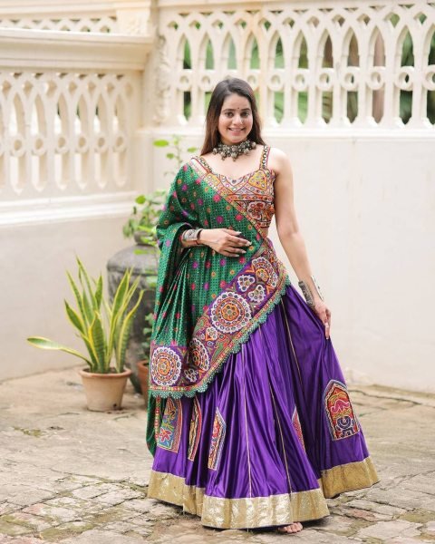Muslin Mirror Work Lehenga Choli With Embroidered Blouse Garba Festival Wear Navratri Lehnega Choli