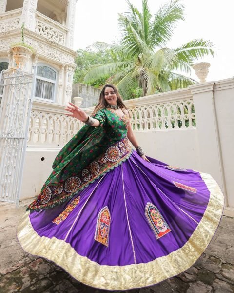 Muslin Mirror Work Lehenga Choli With Embroidered Blouse Garba Festival Wear Navratri Lehnega Choli