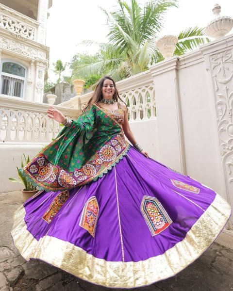 Muslin Mirror Work Lehenga Choli With Embroidered Blouse Garba Festival Wear Navratri Lehnega Choli