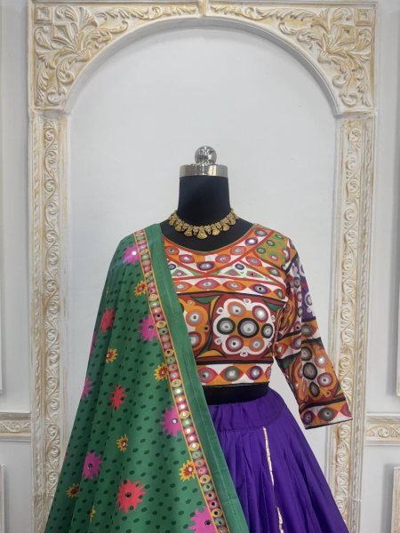 Muslin Mirror Work Lehenga Choli With Embroidered Blouse Garba Festival Wear Navratri Lehnega Choli
