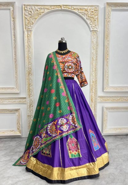 Muslin Mirror Work Lehenga Choli With Embroidered Blouse Garba Festival Wear Navratri Lehnega Choli