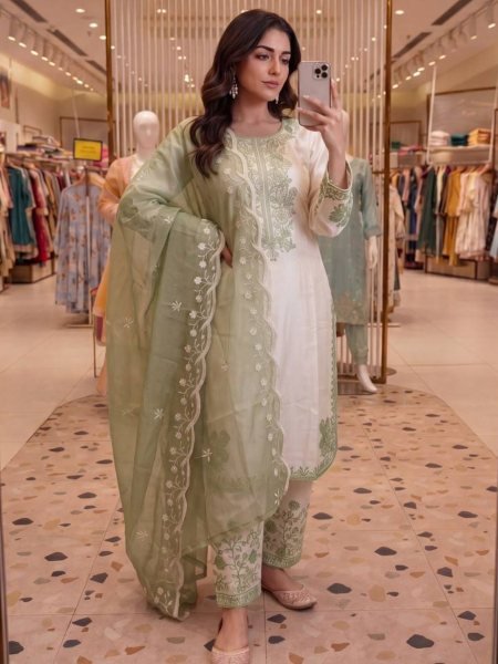 Must Have Partywear Olive Green Fancy Bell Sleeves Embroidered Palazzo Suit Set With Nylon Organza dupatta 