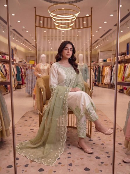 Must Have Partywear Olive Green Fancy Bell Sleeves Embroidered Palazzo Suit Set With Nylon Organza dupatta Ready To Wear Collection