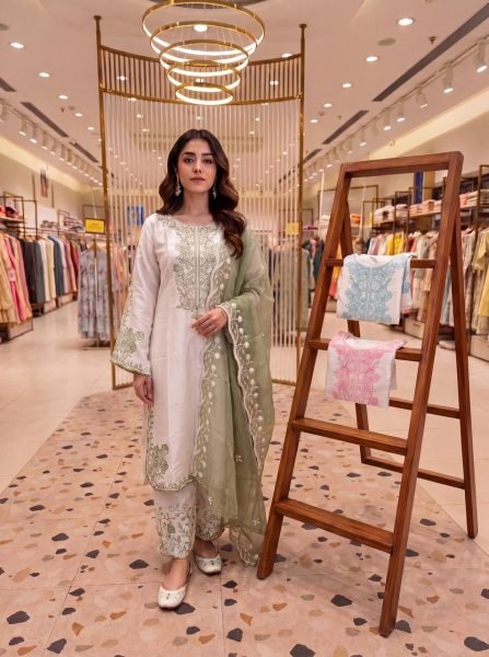 Must Have Partywear Olive Green Fancy Bell Sleeves Embroidered Palazzo Suit Set With Nylon Organza dupatta Ready To Wear Collection