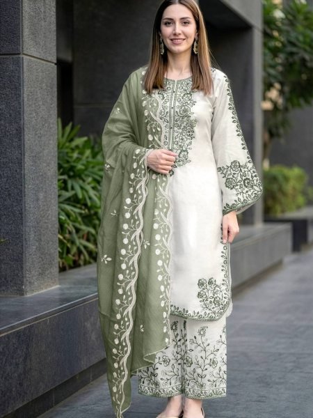 Must Have Partywear Olive Green Fancy Bell Sleeves Embroidered Palazzo Suit Set With Nylon Organza dupatta Ready To Wear Collection