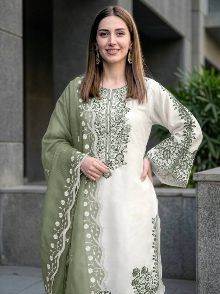 Must Have Partywear Olive Green Fancy Bell Sleeves Embroidered Palazzo Suit Set With Nylon Organza dupatta Ready To Wear Collection