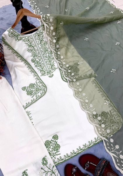 Must Have Partywear Olive Green Fancy Bell Sleeves Embroidered Palazzo Suit Set With Nylon Organza dupatta Ready To Wear Collection