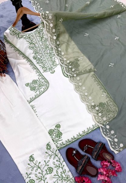 Must Have Partywear Olive Green Fancy Bell Sleeves Embroidered Palazzo Suit Set With Nylon Organza dupatta Ready To Wear Collection
