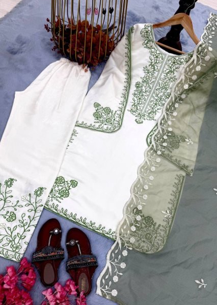 Must Have Partywear Olive Green Fancy Bell Sleeves Embroidered Palazzo Suit Set With Nylon Organza dupatta Ready To Wear Collection