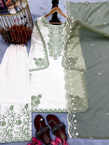 Must Have Partywear Olive Green Fancy Bell Sleeves Embroidered Palazzo Suit Set With Nylon Organza dupatta Ready To Wear Collection