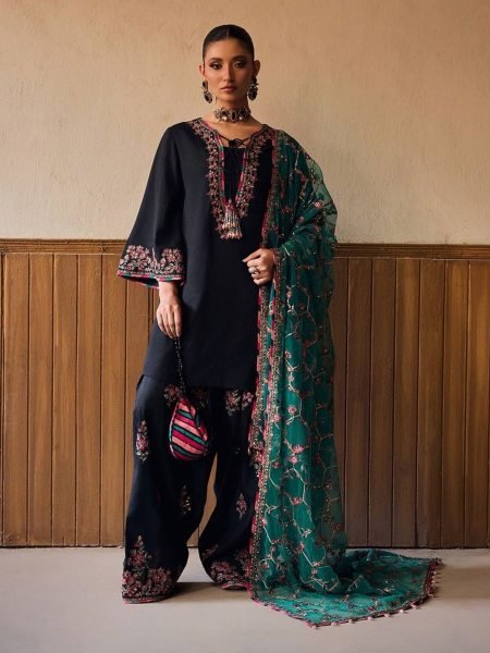 Must Style Black Roman Glass Silk Heavy Embroidered Sequence Work Top with Farshi Pant with Net Dupatta Ready To Wear Suit