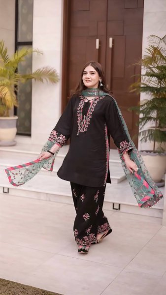 Must Style Black Roman Glass Silk Heavy Embroidered Sequence Work Top with Farshi Pant with Net Dupatta Ready To Wear Collection