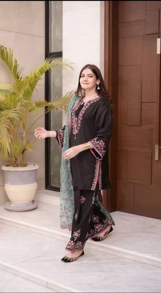 Must Style Black Roman Glass Silk Heavy Embroidered Sequence Work Top with Farshi Pant with Net Dupatta Ready To Wear Collection