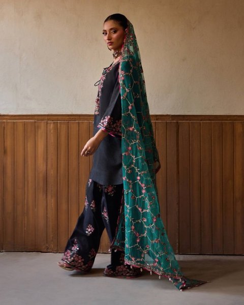 Must Style Black Roman Glass Silk Heavy Embroidered Sequence Work Top with Farshi Pant with Net Dupatta Ready To Wear Collection