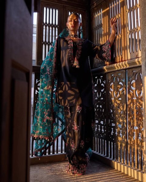 Must Style Black Roman Glass Silk Heavy Embroidered Sequence Work Top with Farshi Pant with Net Dupatta Ready To Wear Collection