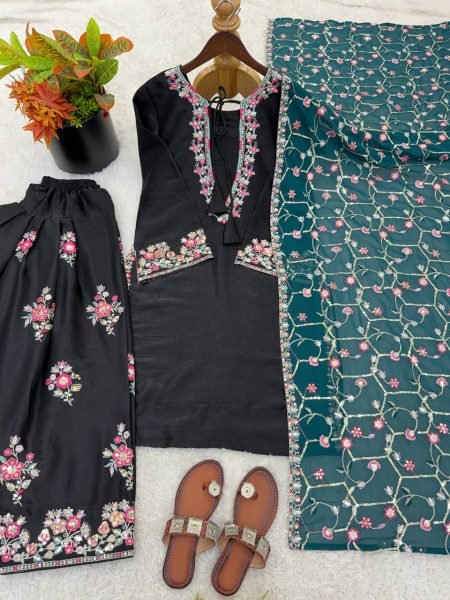 Must Style Black Roman Glass Silk Heavy Embroidered Sequence Work Top with Farshi Pant with Net Dupatta Ready To Wear Collection