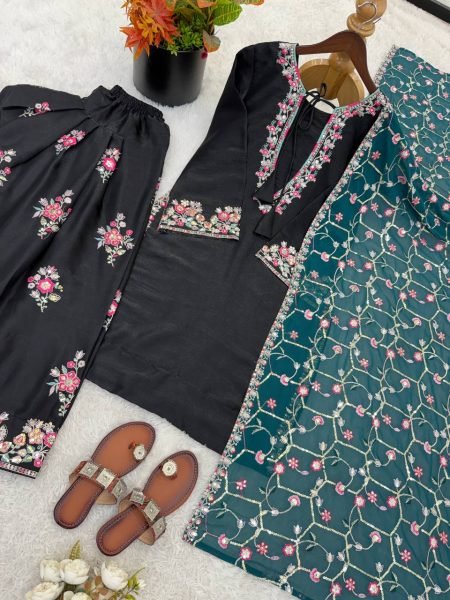 Must Style Black Roman Glass Silk Heavy Embroidered Sequence Work Top with Farshi Pant with Net Dupatta Ready To Wear Collection