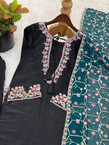 Must Style Black Roman Glass Silk Heavy Embroidered Sequence Work Top with Farshi Pant with Net Dupatta Ready To Wear Collection