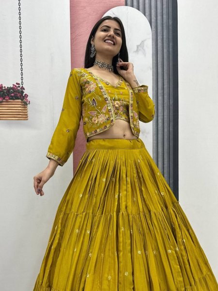 Mustard Big Flair Lehenga Set with Cancan and Jacket Luxury 3 Piece Celebration Outfit  Lehenga