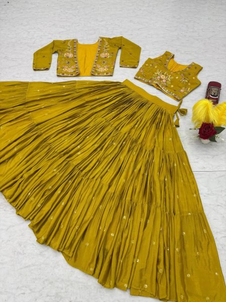 Mustard Big Flair Lehenga Set with Cancan and Jacket Luxury 3 Piece Celebration Outfit Designer Lehenga Choli
