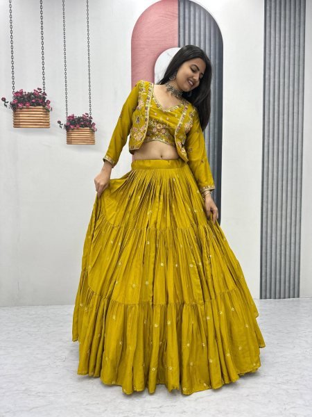 Mustard Big Flair Lehenga Set with Cancan and Jacket Luxury 3 Piece Celebration Outfit Designer Lehenga Choli
