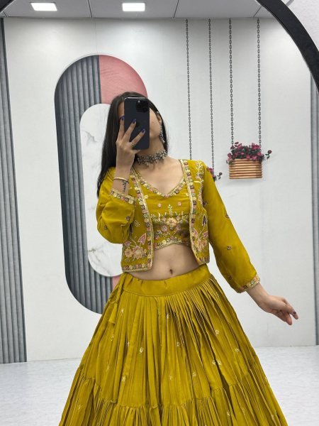 Mustard Big Flair Lehenga Set with Cancan and Jacket Luxury 3 Piece Celebration Outfit Designer Lehenga Choli
